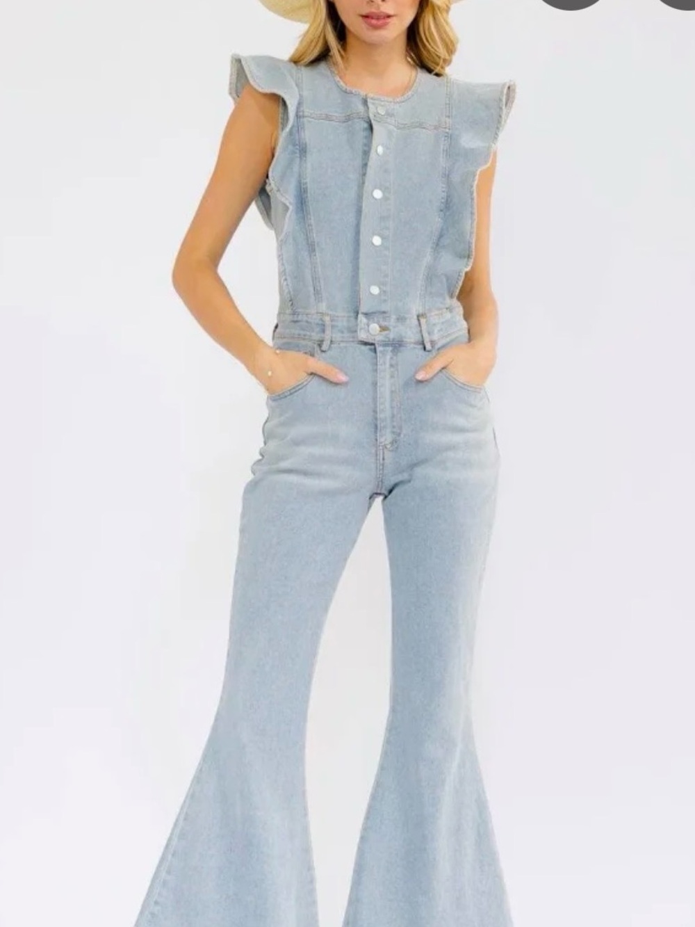 Light Blue Denim Flare Jumpsuit with Ruffle Shoulders - Women Jeans